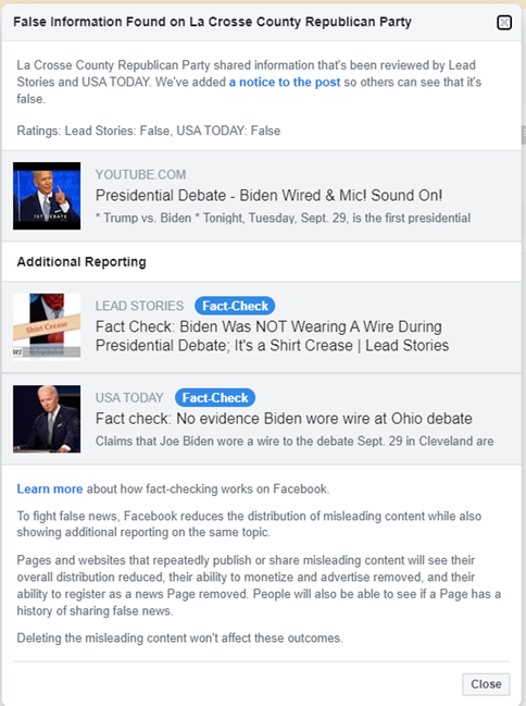La Crosse County Republican Party post about Biden removed